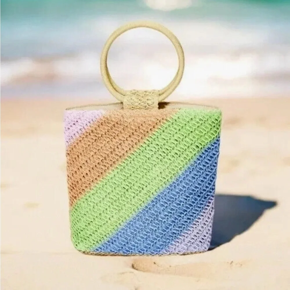 Handwoven Multicolor Straw Tote Bag - Pastel Diagonal Stripes